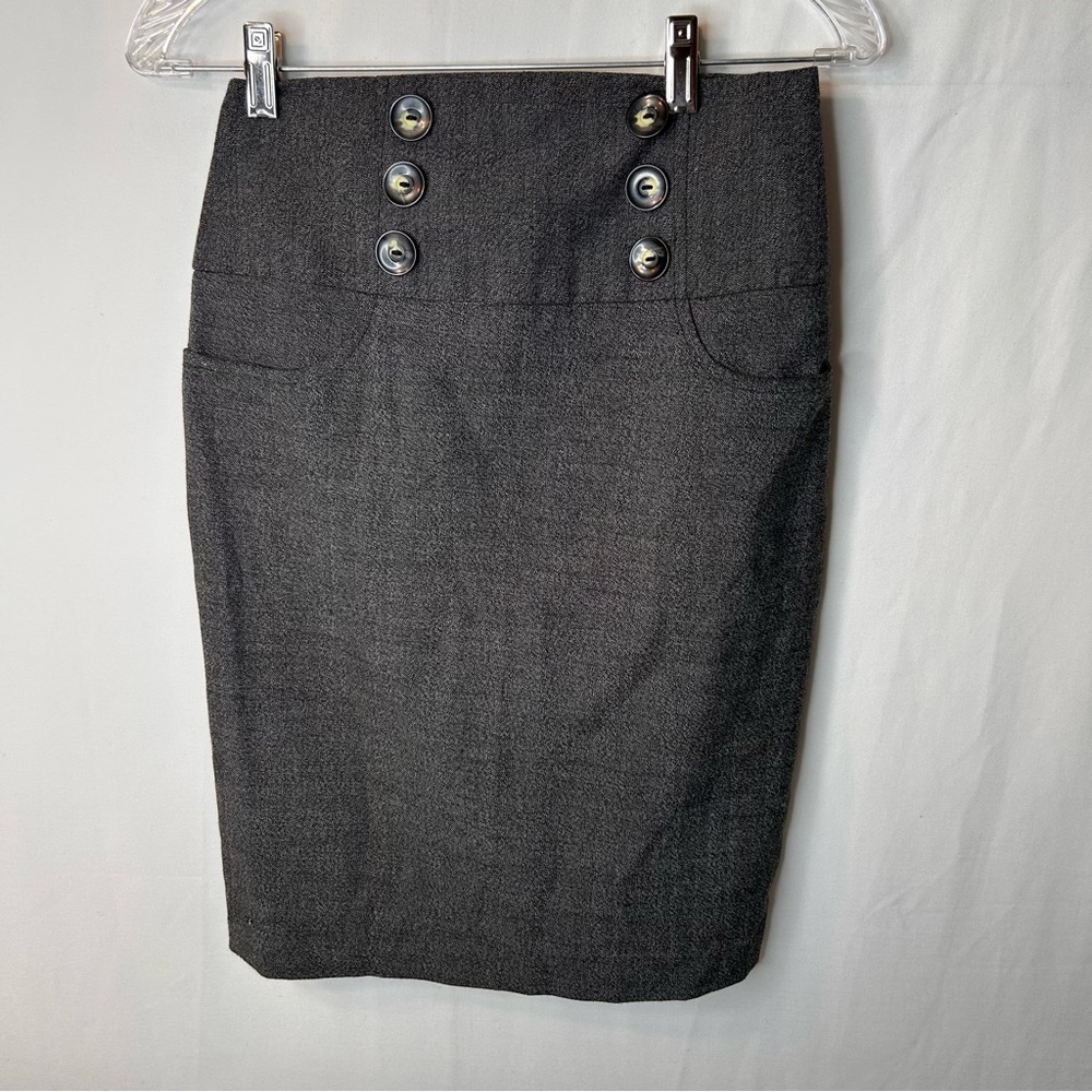 BCX Heather Gray Pencil Skirt with Button Faux Front Pockets Back Slit Detail 5